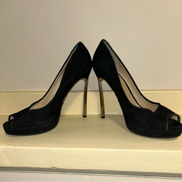 Nine West Leather Suede Open Peep Toe Heels w/ metal heel - Picture 10 of 11